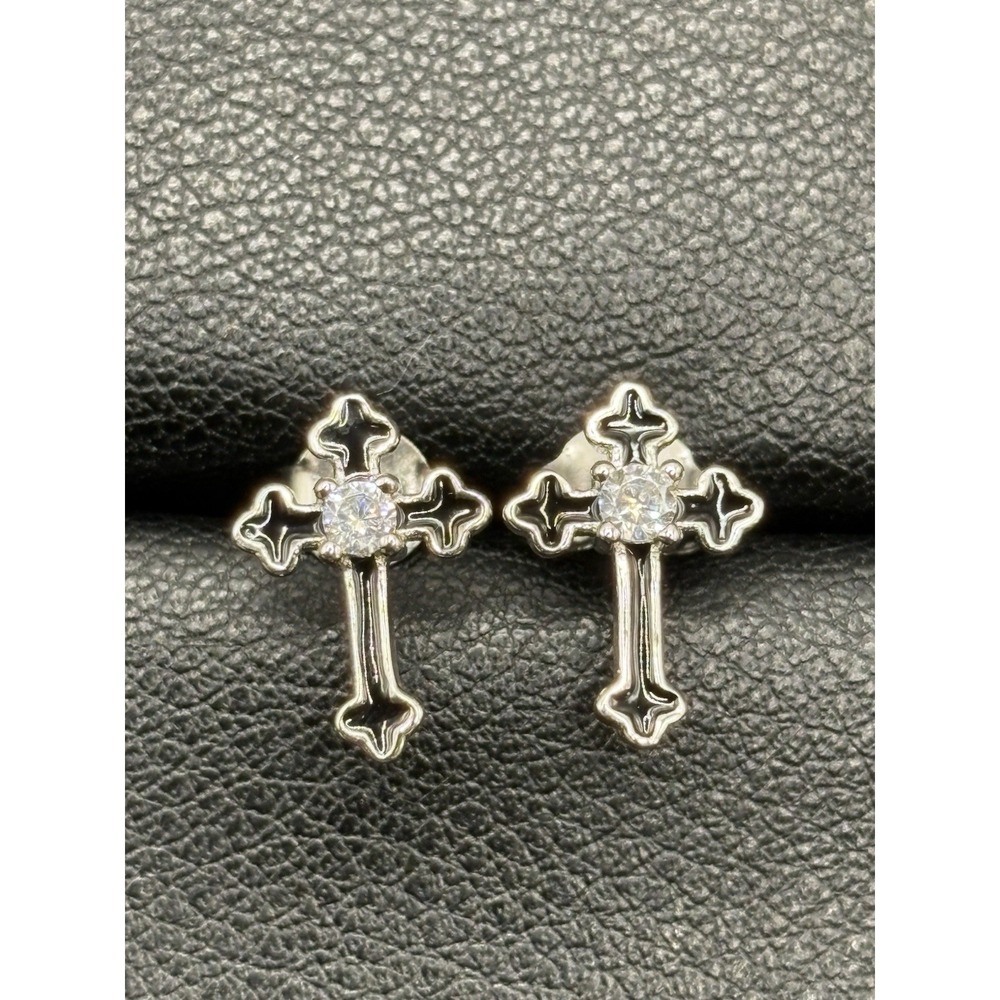 NewCondition Sterling Silver BlackEnamel CubicZirconia Dainty Cross Earrings H25